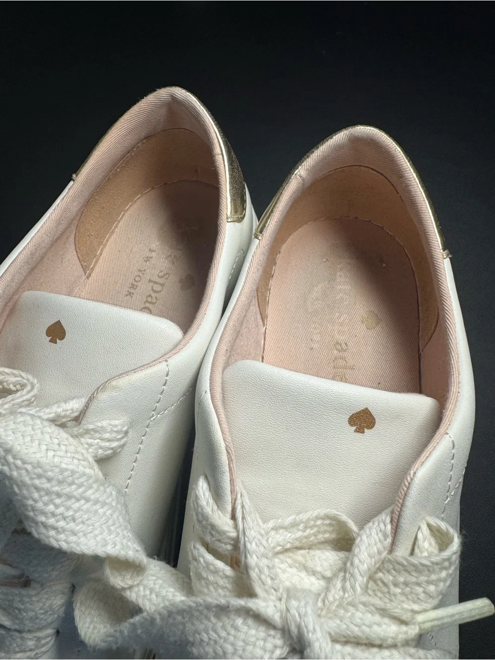 Kate Spade New York White Leather Low Top Lace-Up Sneakers Gold Heel Logo